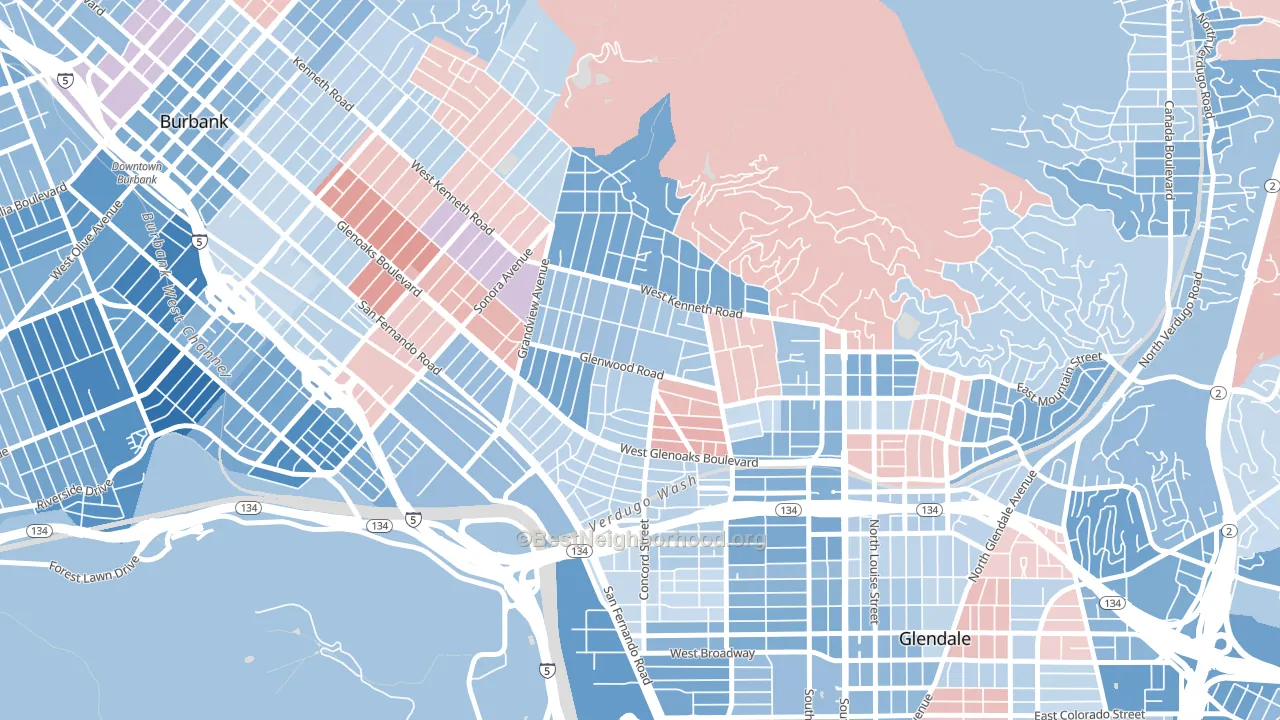 Glenwood, Glendale, CA block-group political-lean map