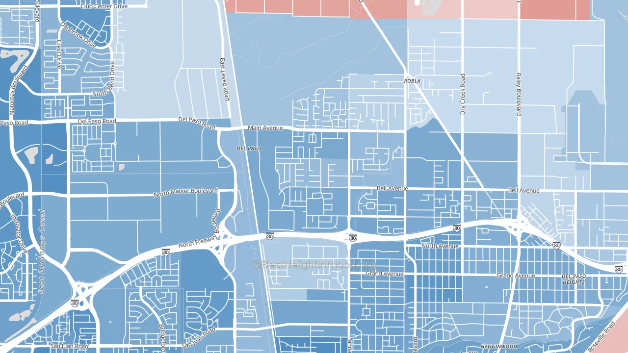 Glenwood Meadows, Sacramento, CA block-group political-lean map