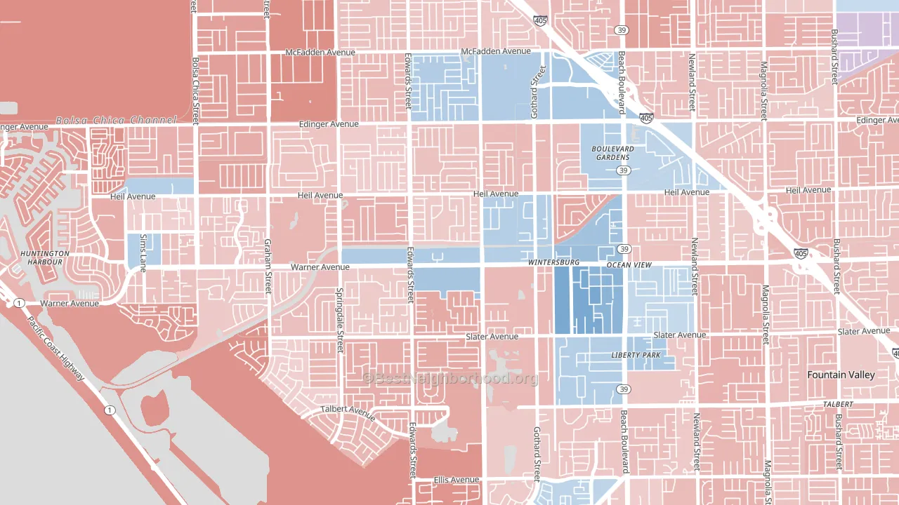 Goldenwest, Huntington Beach, CA block-group political-lean map