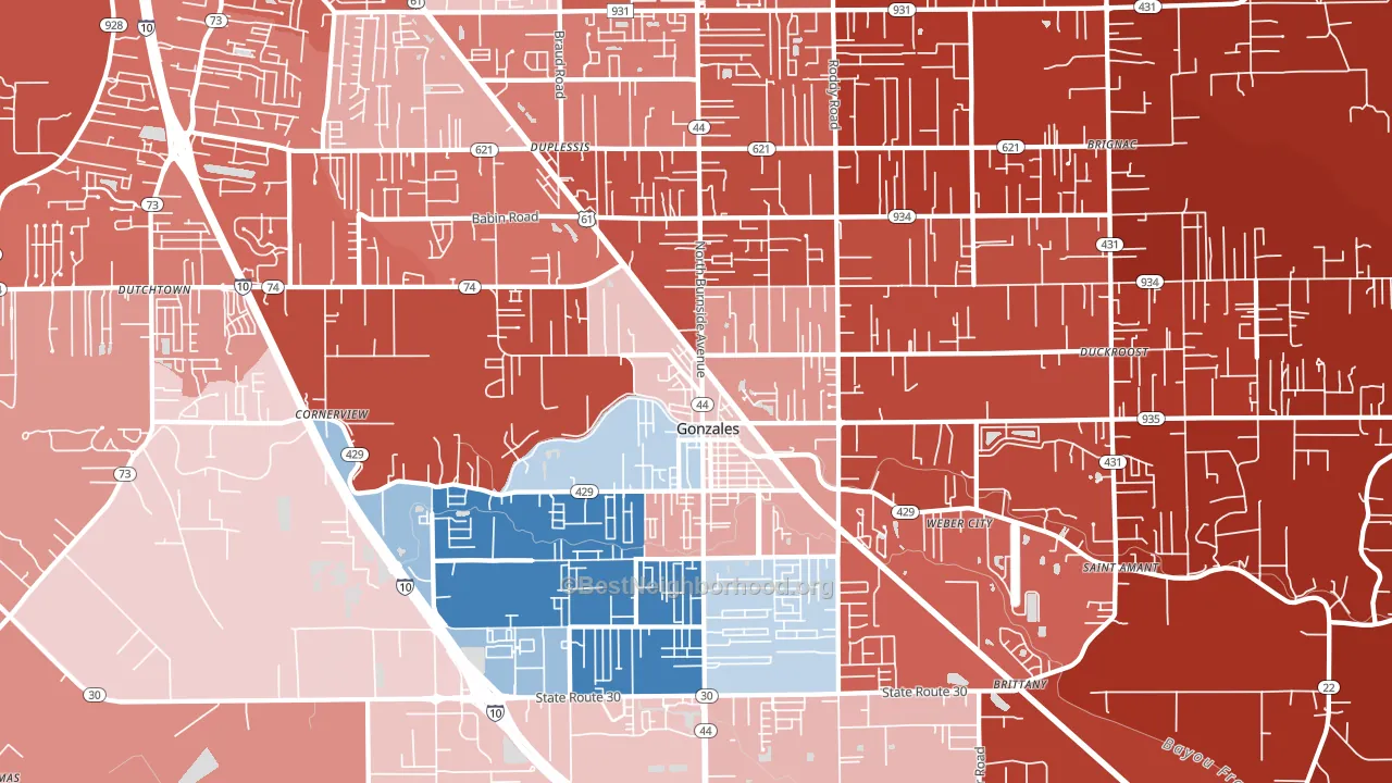 Gonzales, LA block-group political-lean map