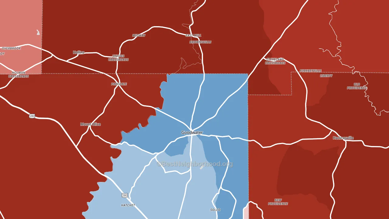Goodwater, AL block-group political-lean map