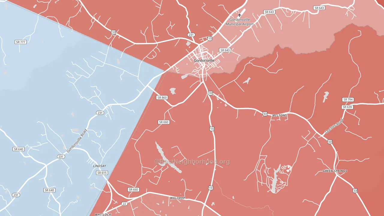 Gordonsville, VA block-group political-lean map