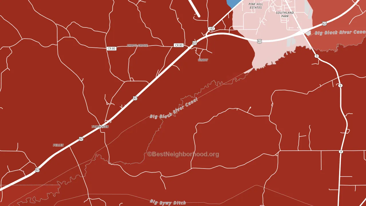 Grady, MS block-group political-lean map