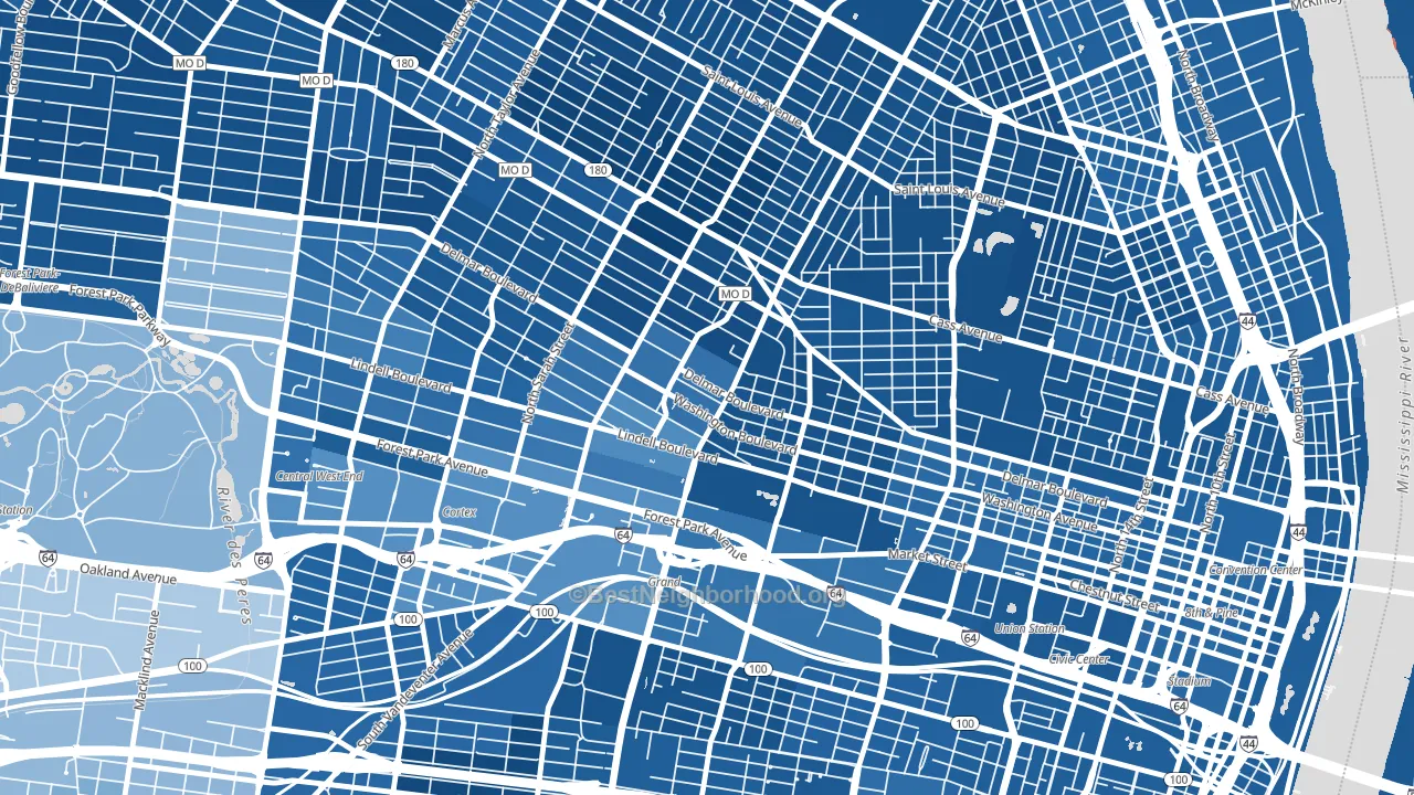 Grand Center, St. Louis, MO block-group political-lean map