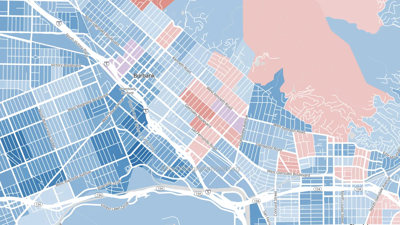 Grandview, Glendale, CA block-group political-lean map