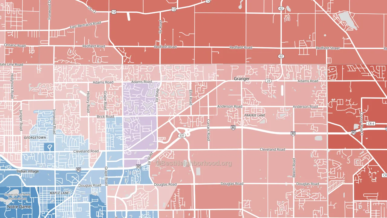 Granger, IN block-group political-lean map