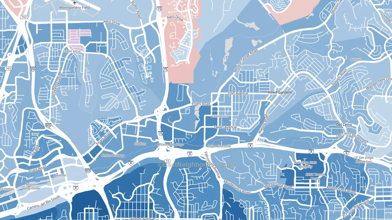 Grantville, San Diego, CA block-group political-lean map
