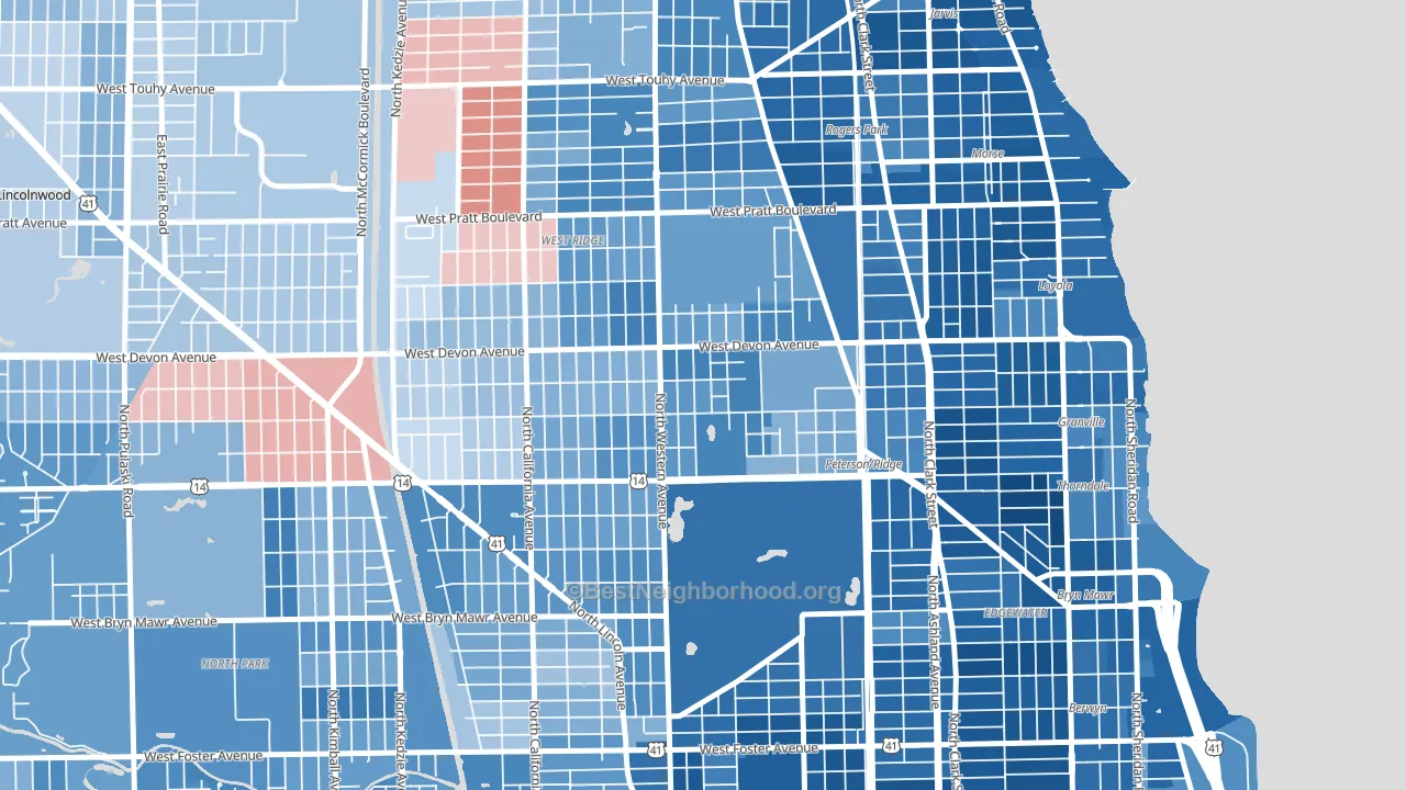 Granville Gardens, Chicago, IL block-group political-lean map