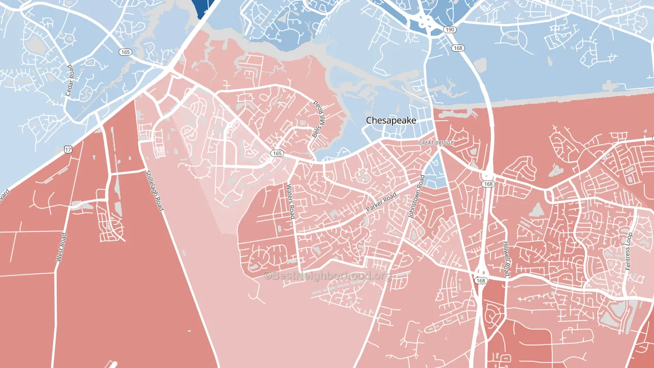 Great Bridge, Chesapeake, VA block-group political-lean map