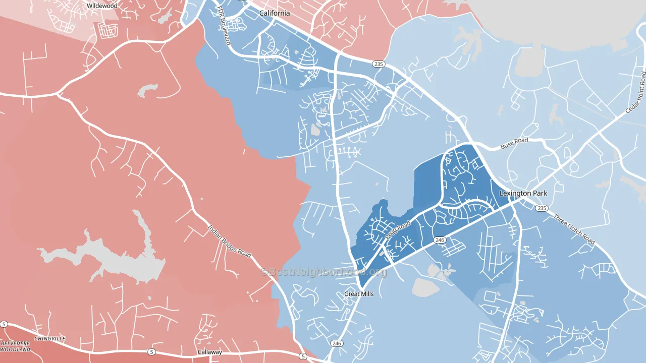 Great Mills, MD block-group political-lean map