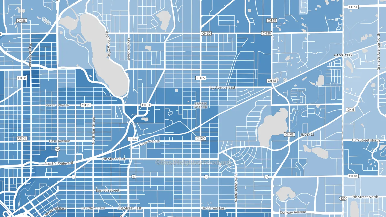 Greater Eastside, St. Paul, MN block-group political-lean map