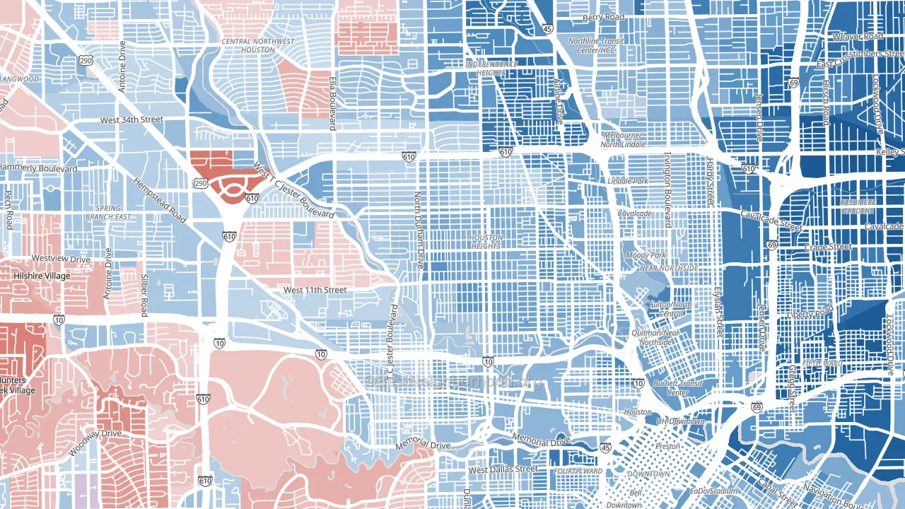 Greater Heights, Houston, TX block-group political-lean map
