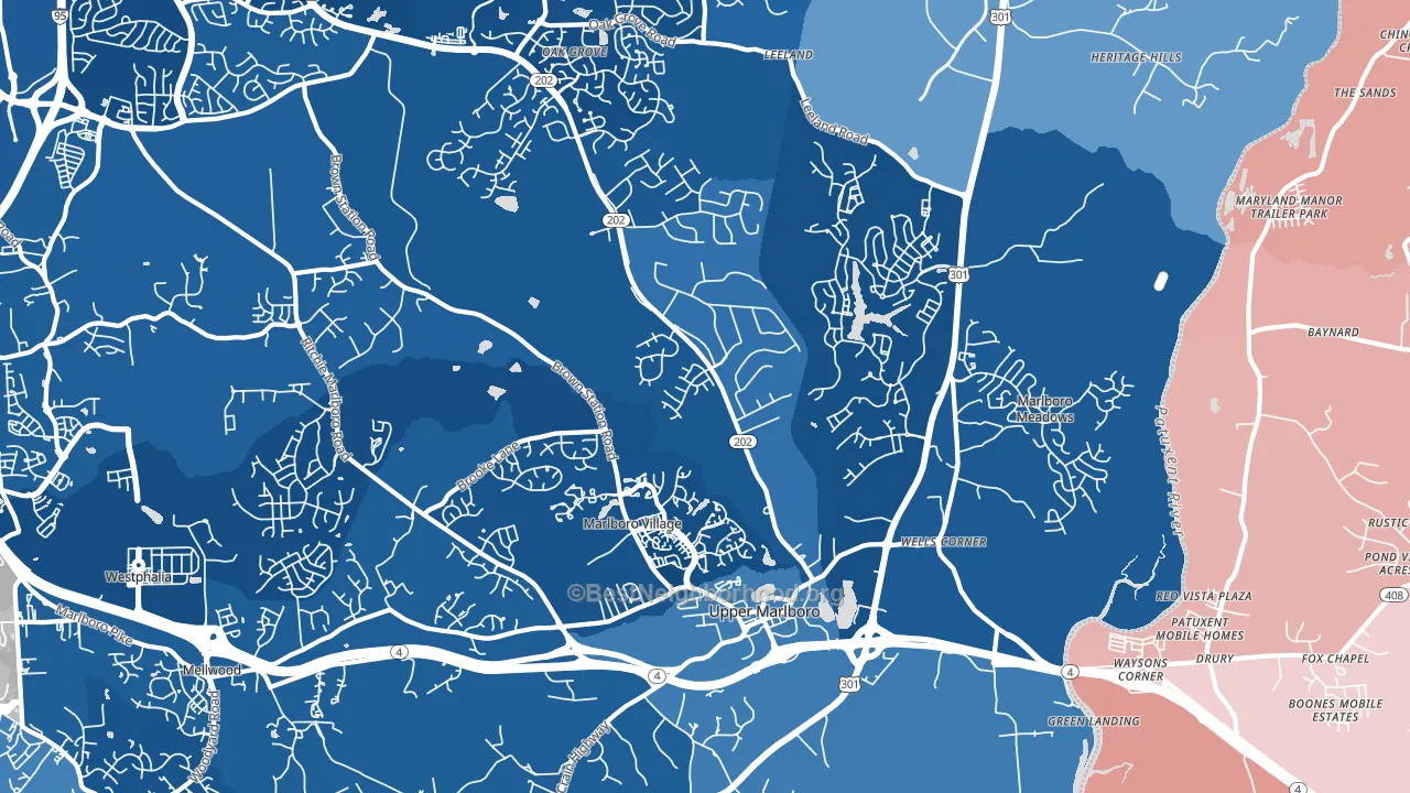 Greater Upper Marlboro, Brock Hall, MD block-group political-lean map