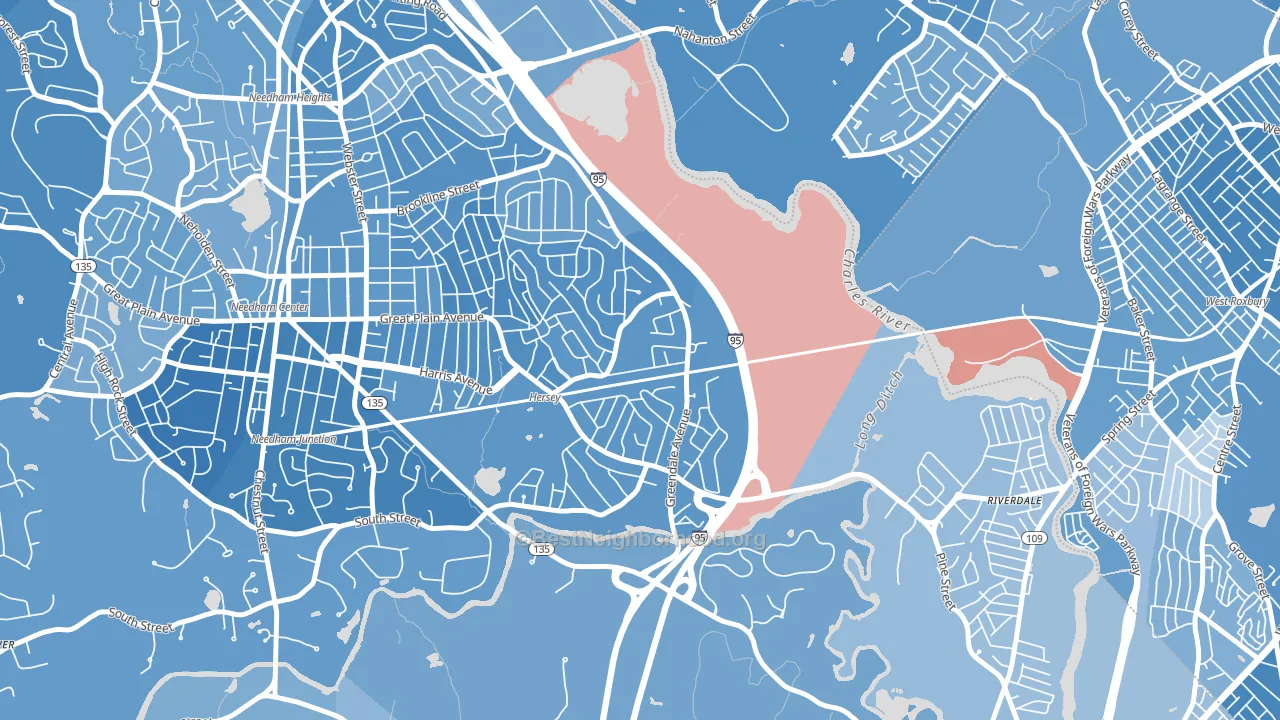 Greendale Village, Needham, MA block-group political-lean map