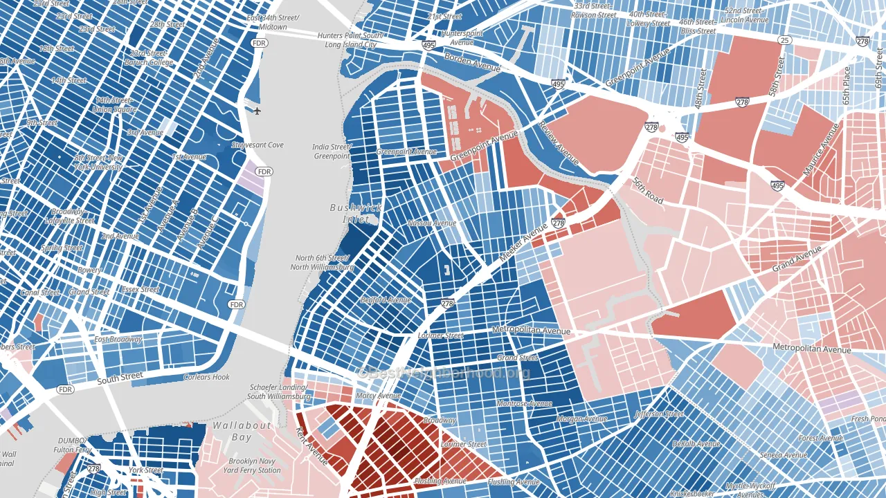 Greenpoint, Brooklyn, NY block-group political-lean map