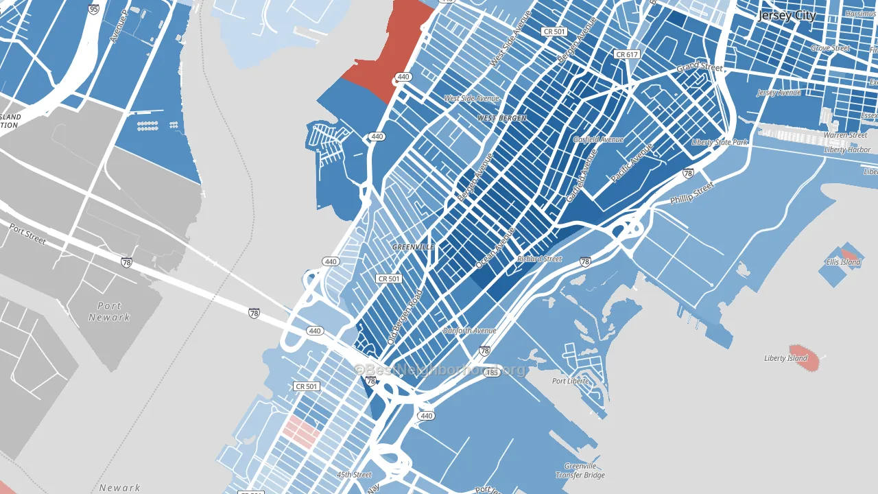 Greenville, Jersey City, NJ block-group political-lean map