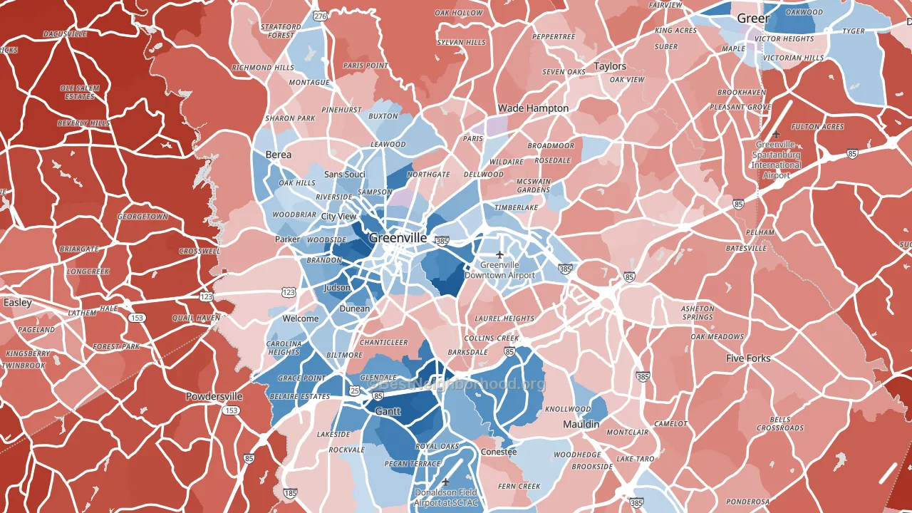 Greenville, SC block-group political-lean map