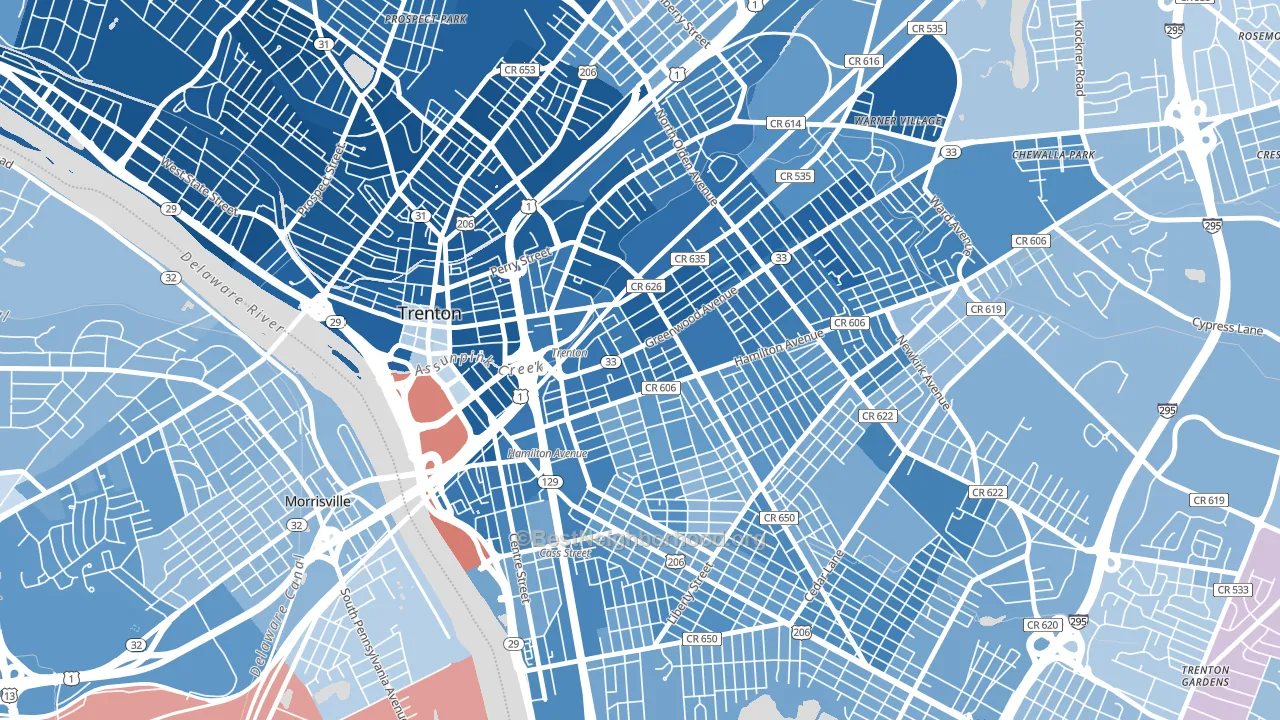 Greenwood and Hamilton, Trenton, NJ block-group political-lean map