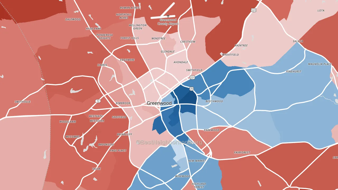 Greenwood, SC block-group political-lean map