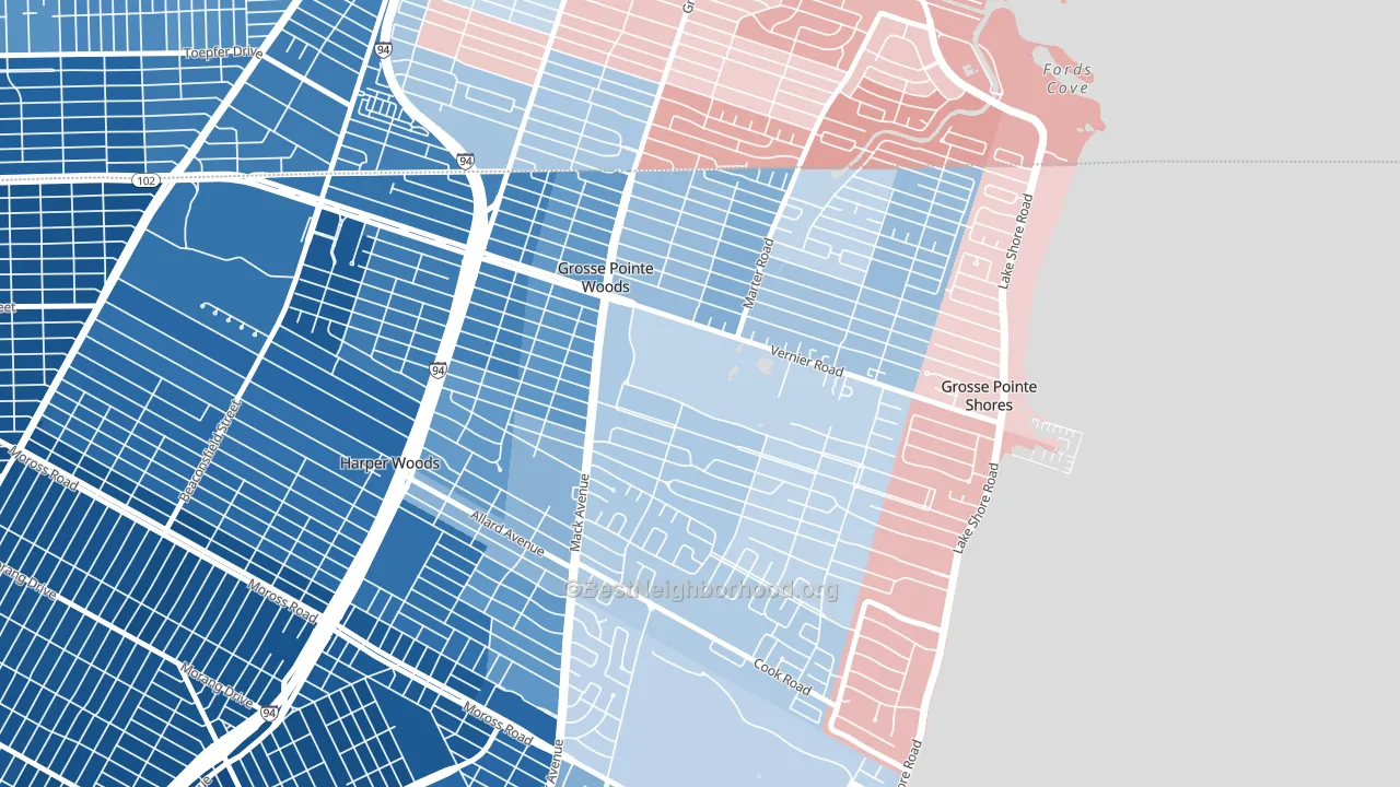Grosse Pointe Woods, MI block-group political-lean map