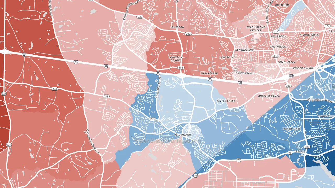 Grovetown, GA block-group political-lean map