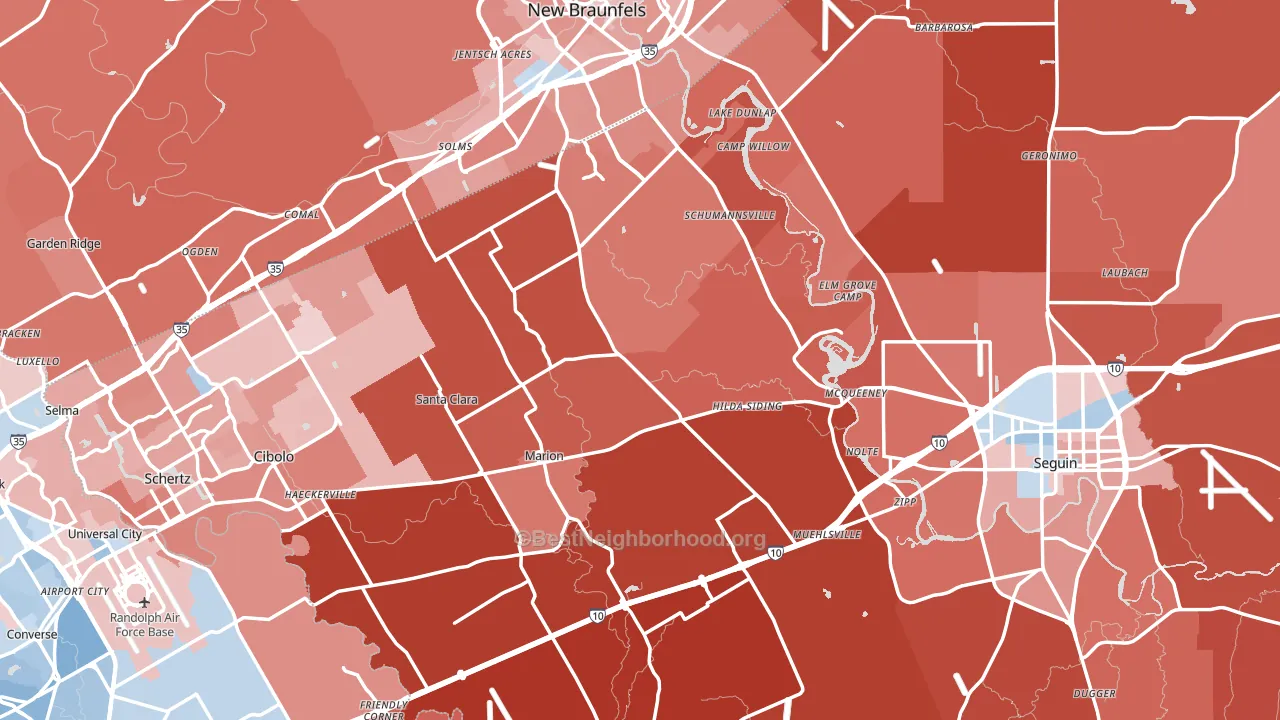 Guadalupe County, TX block-group political-lean map