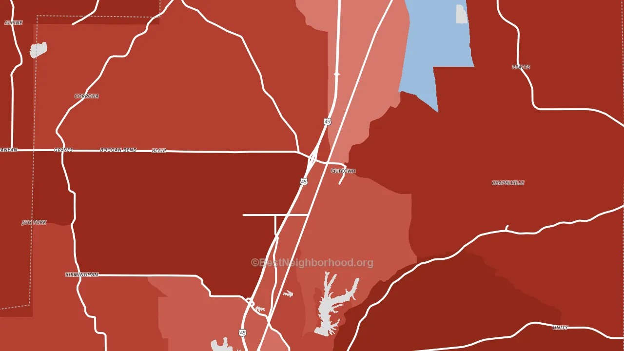 Guntown, MS block-group political-lean map