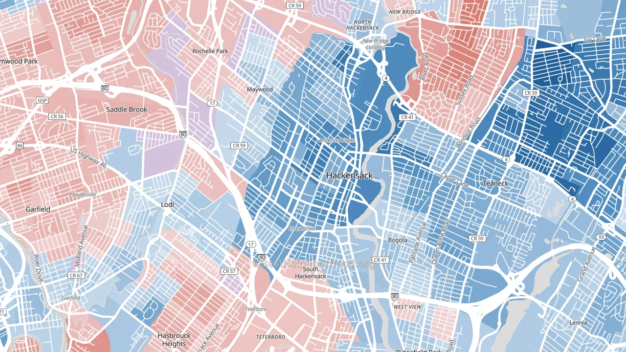 Hackensack, NJ block-group political-lean map