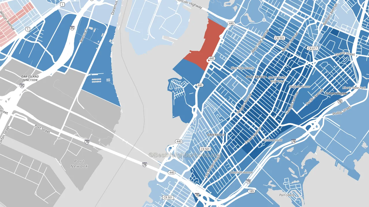 Hackensack Riverfront, Jersey City, NJ block-group political-lean map