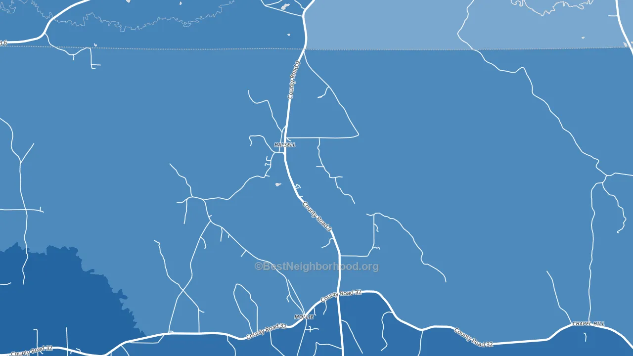 Halsell, AL block-group political-lean map