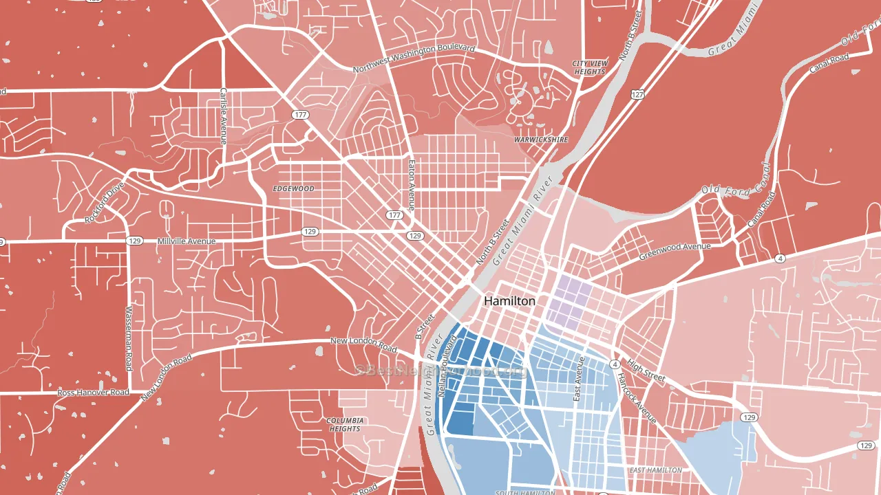 Hamilton Main Street Historic District, Hamilton, OH block-group political-lean map