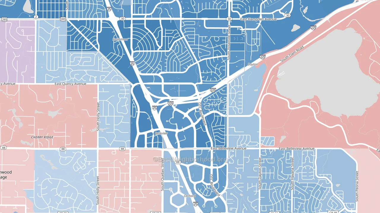 Hampden South, Denver, CO block-group political-lean map