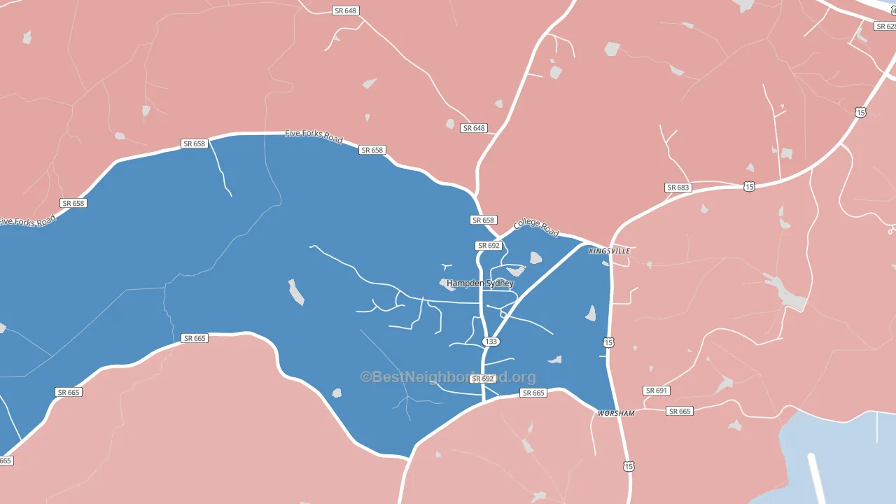Hampden-Sydney, VA block-group political-lean map