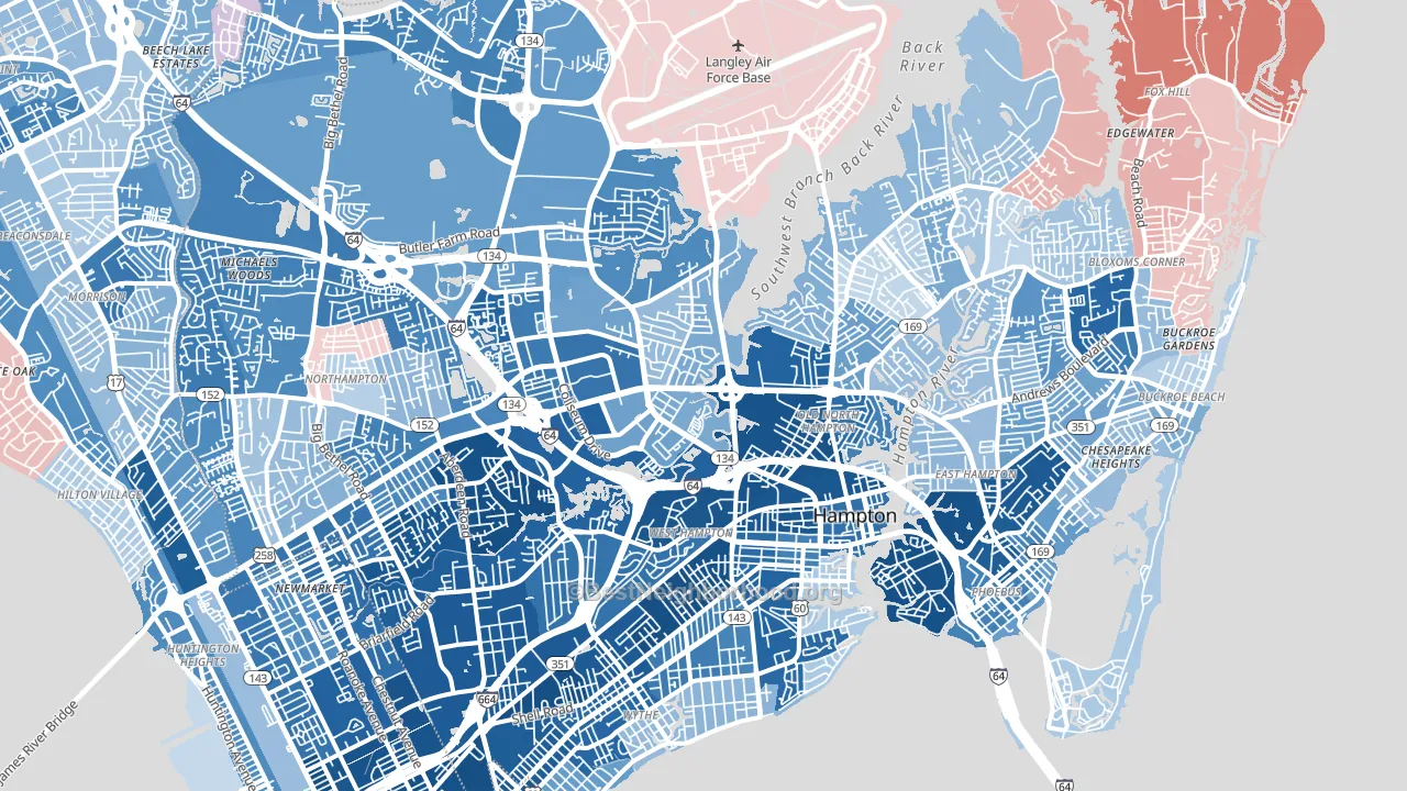 Hampton City, VA block-group political-lean map