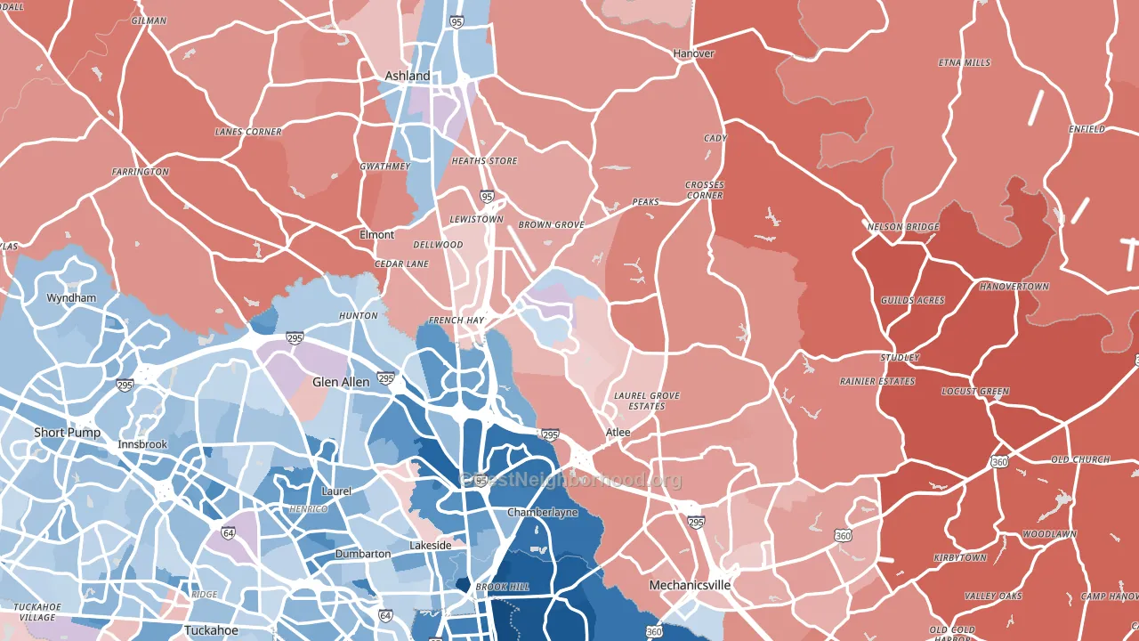Hanover County, VA block-group political-lean map