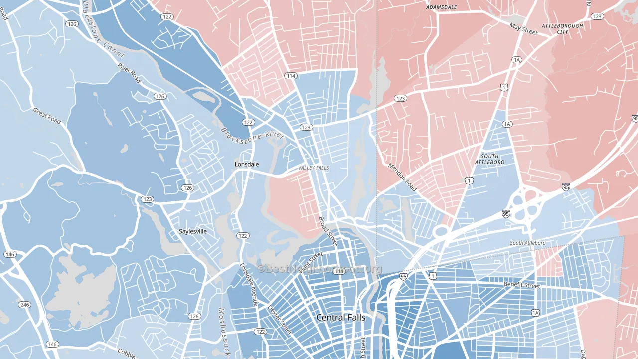 Happy Hollow, Valley Falls, RI block-group political-lean map