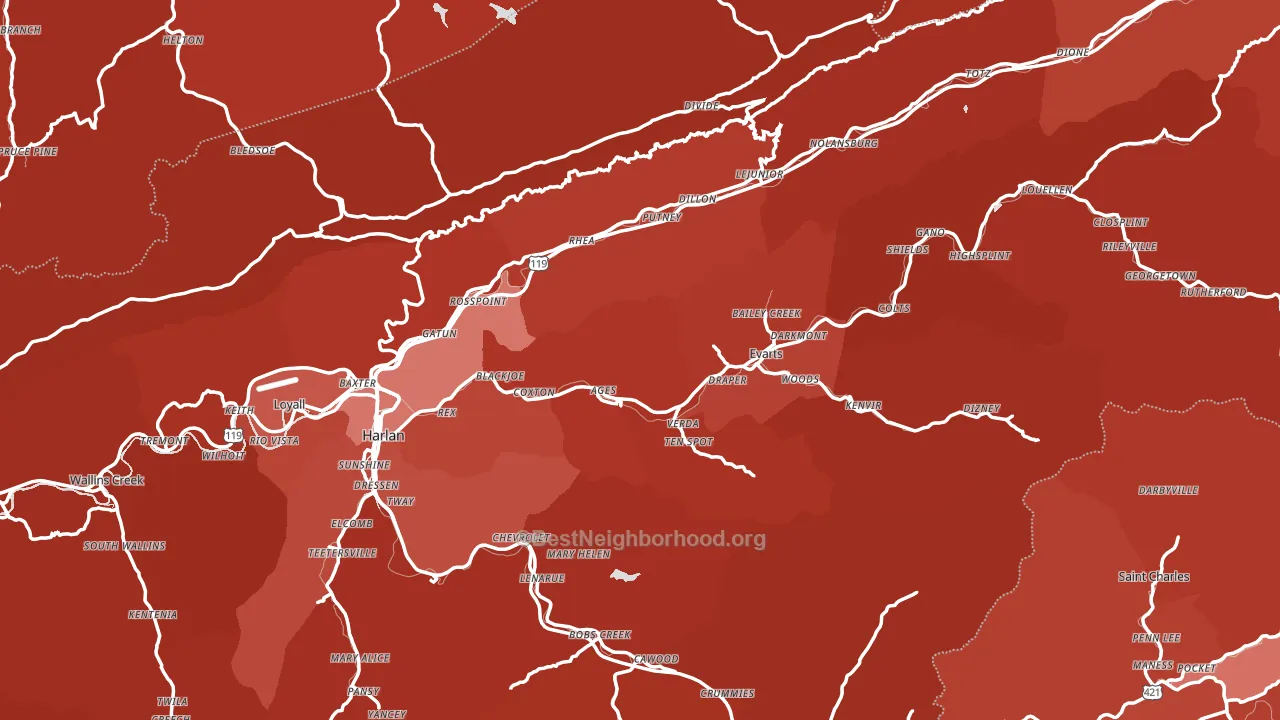 Harlan County, KY block-group political-lean map
