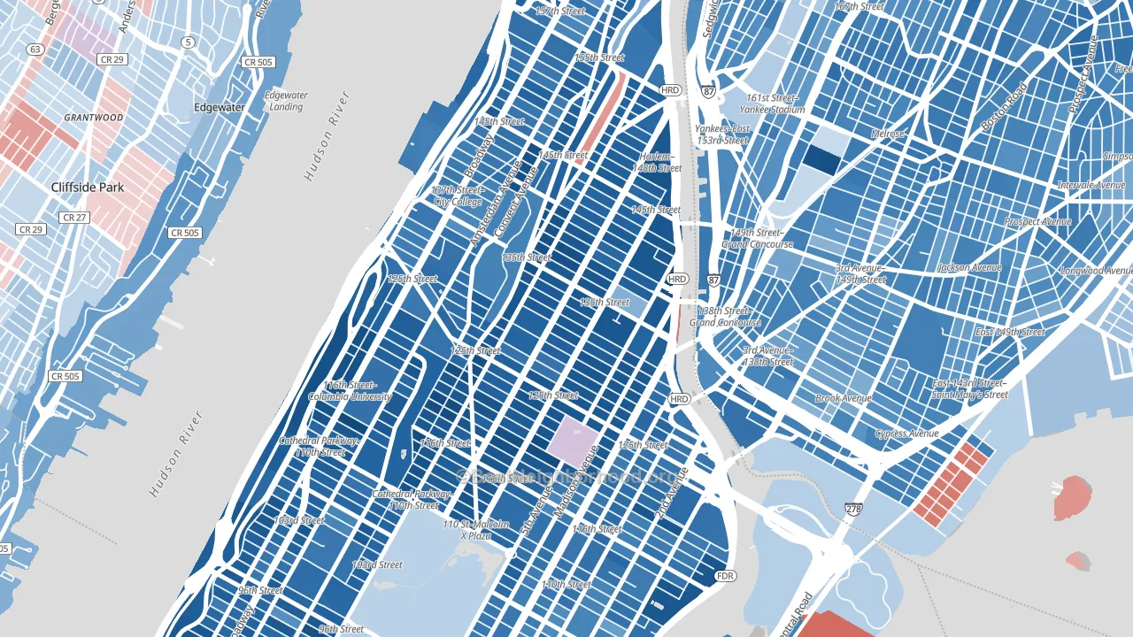 Harlem, Manhattan, NY block-group political-lean map