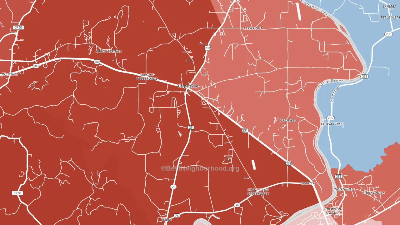 Harpersville, AL block-group political-lean map
