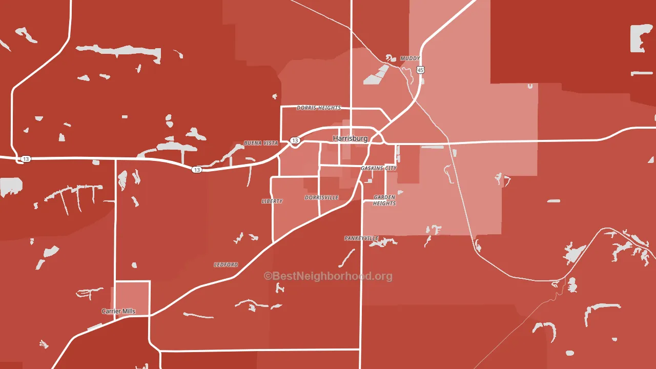 Harrisburg, IL block-group political-lean map