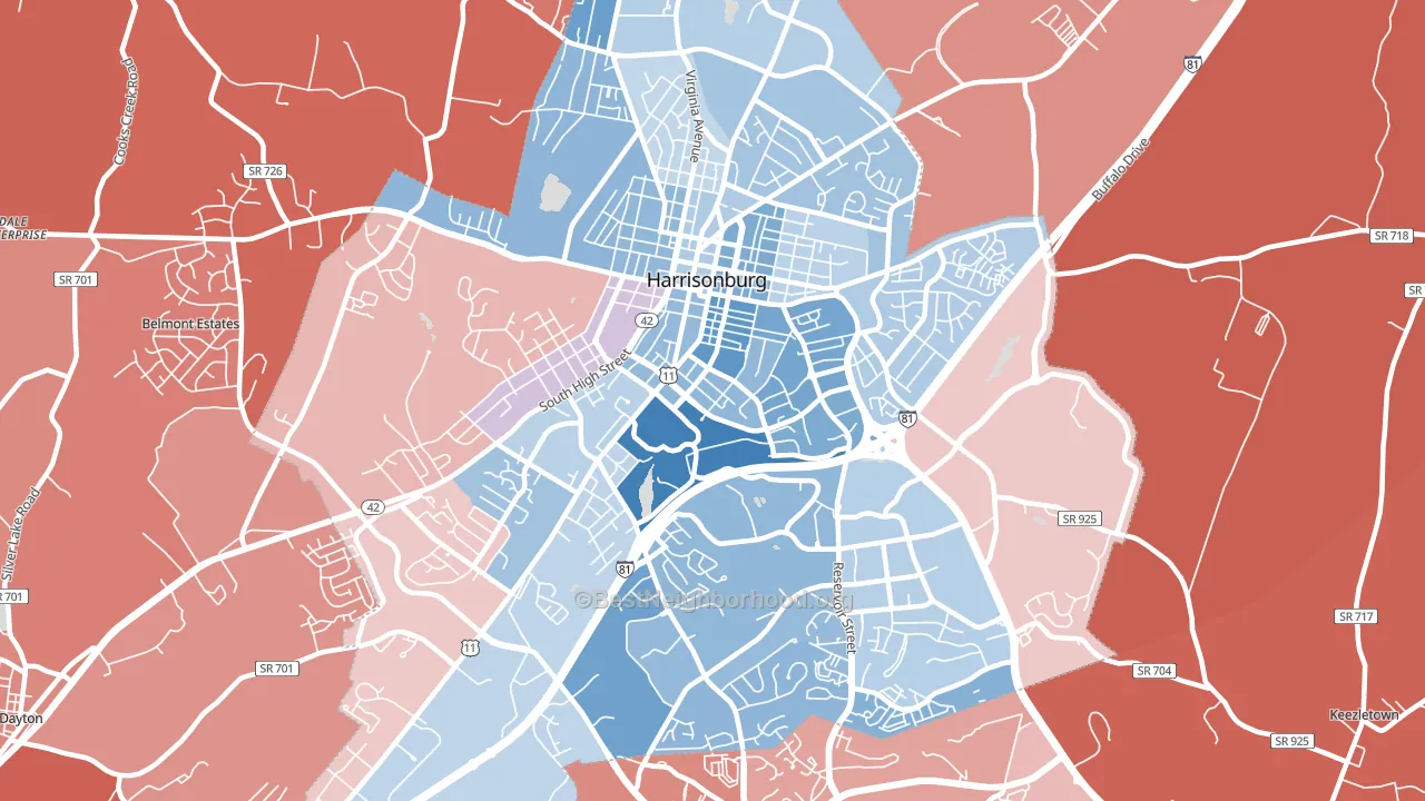 Harrisonburg City, VA block-group political-lean map