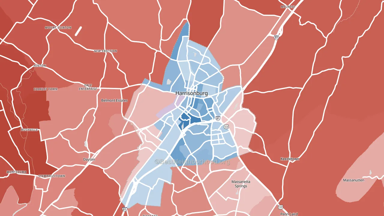 Harrisonburg, VA block-group political-lean map