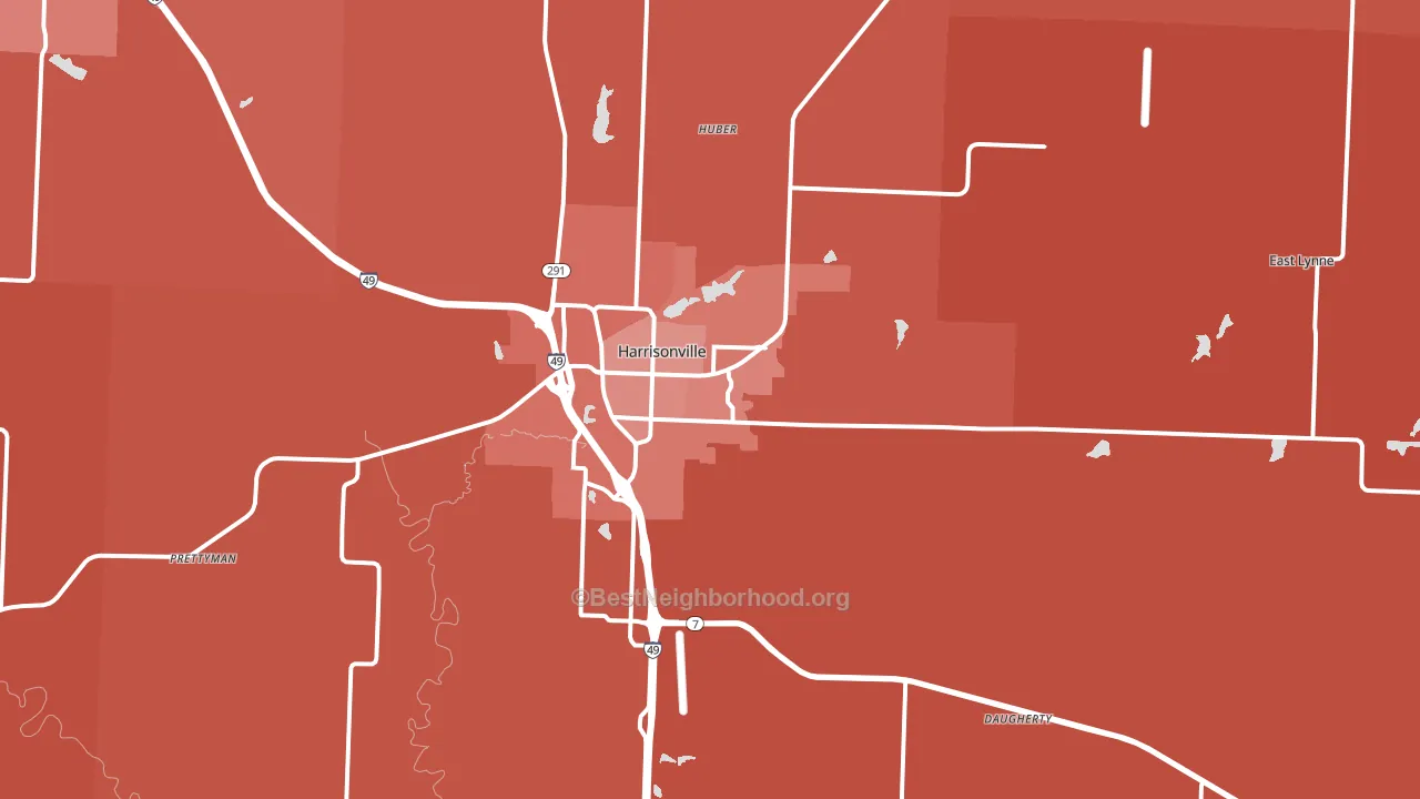 Harrisonville, MO block-group political-lean map