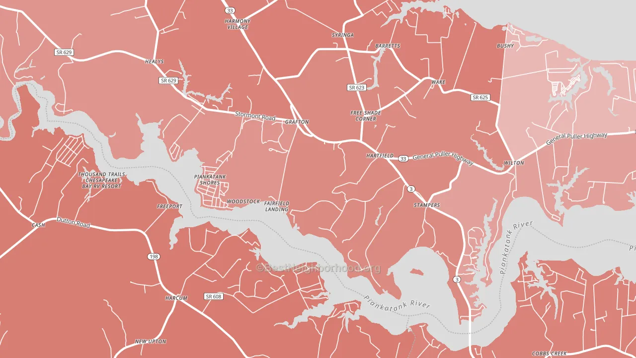 Hartfield, VA block-group political-lean map