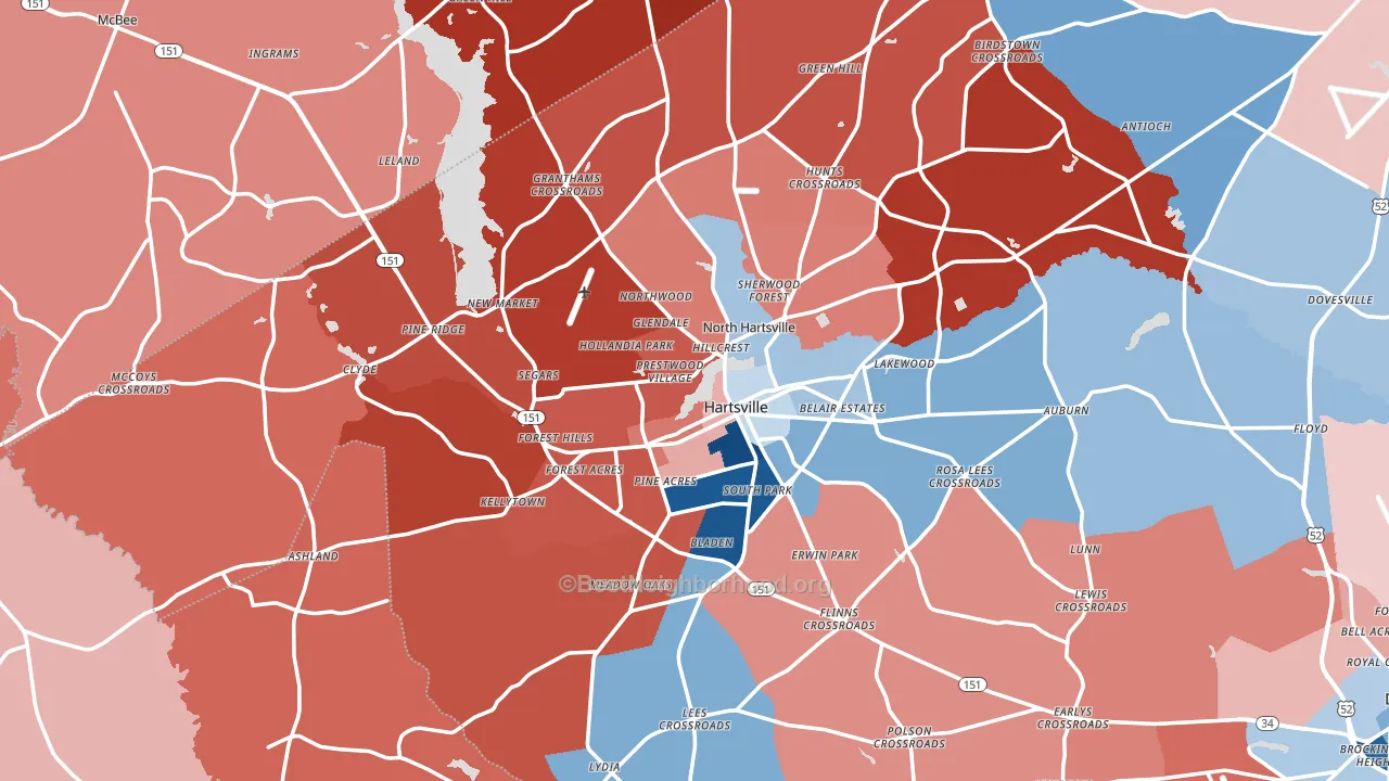 Hartsville, SC block-group political-lean map
