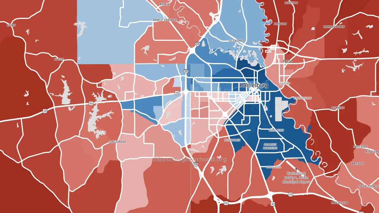 Hattiesburg, MS block-group political-lean map