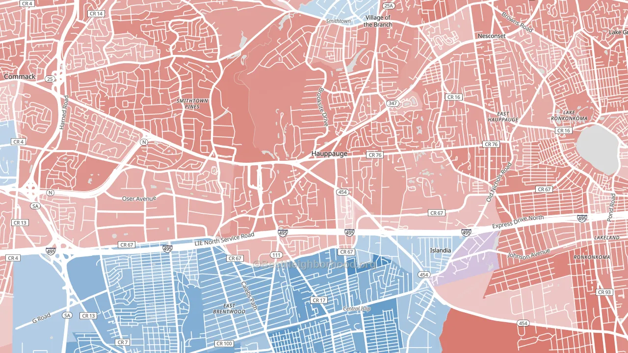 Hauppauge, NY block-group political-lean map