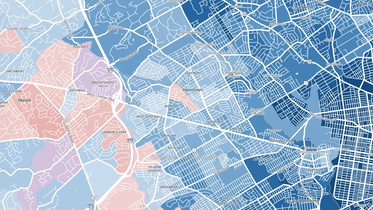 Havertown, PA block-group political-lean map