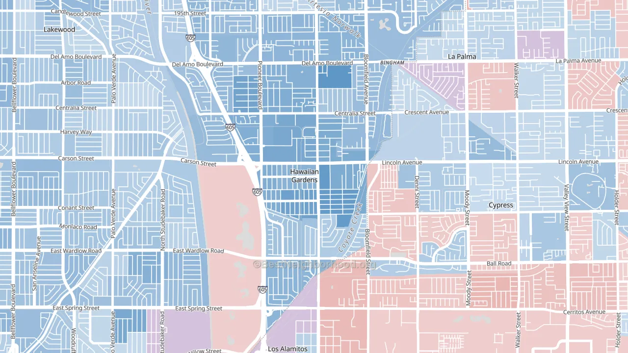 Hawaiian Gardens, CA block-group political-lean map