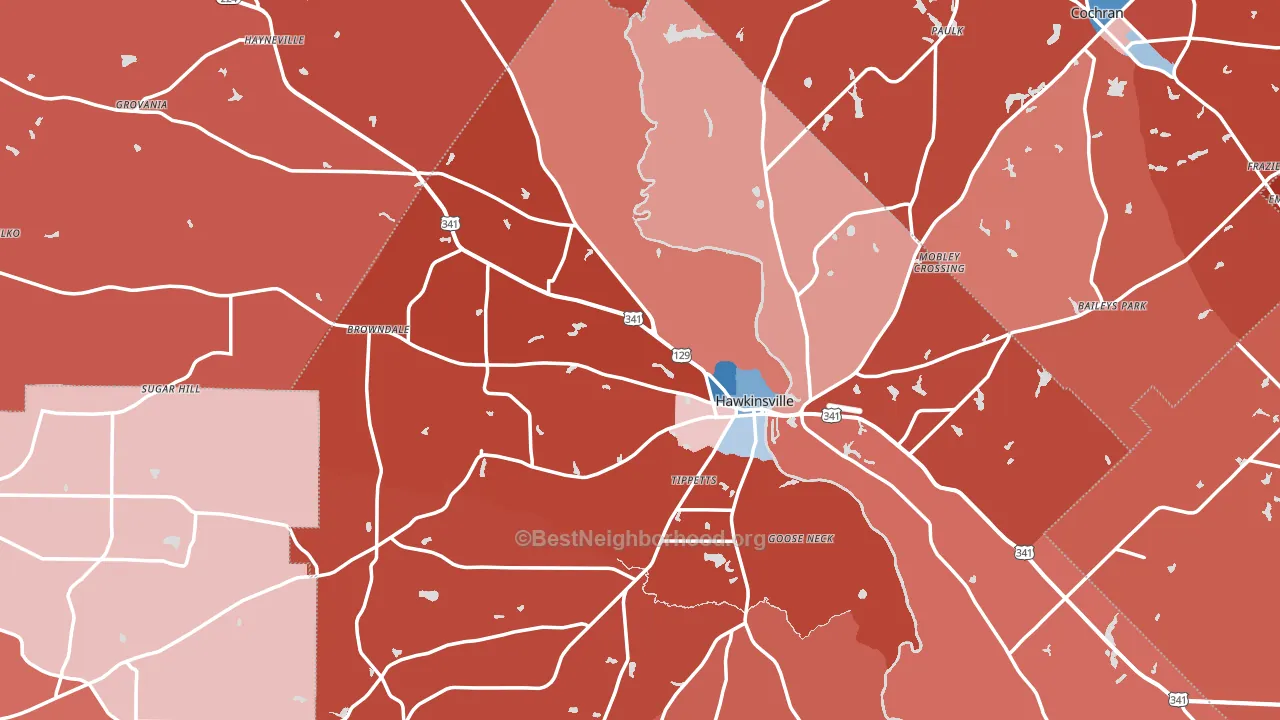 Hawkinsville, GA block-group political-lean map